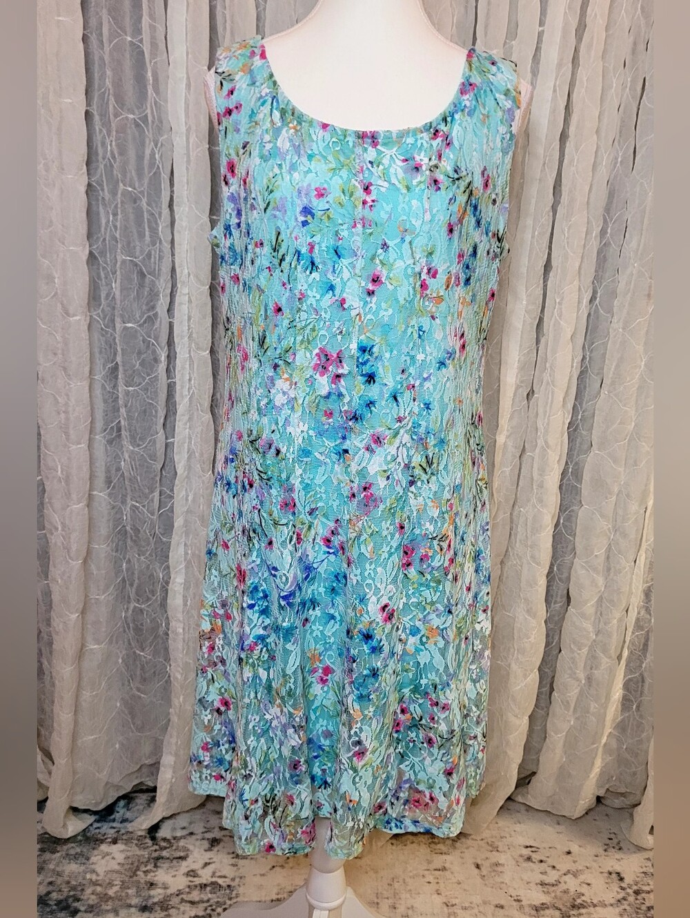 Perceptions Petite Floral Stretch Lace Sleeveless Shift Dress Aqua Turquoise PL